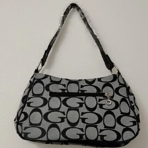 Guess Black and Gray Signature Canvas Shoulder Bag with Studded Flap - Picture 3 of 10